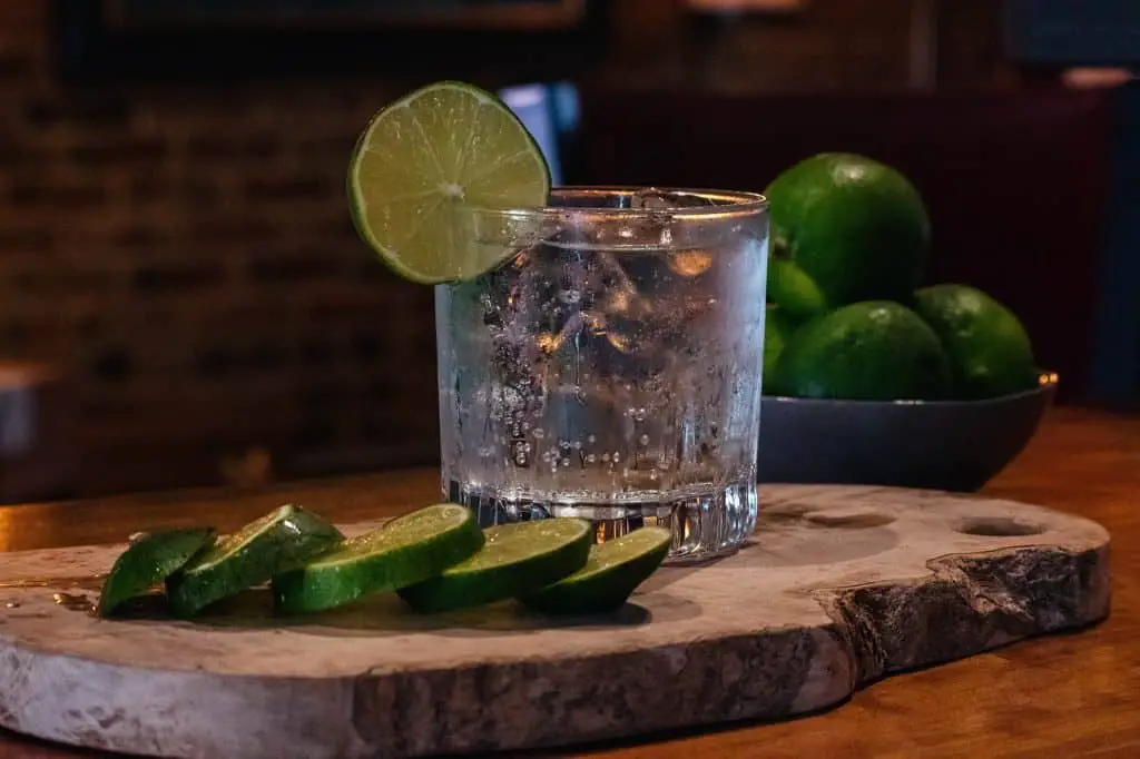 A delicious looking gin cocktail in a short glass with a lime wedge on the edge of the glass.