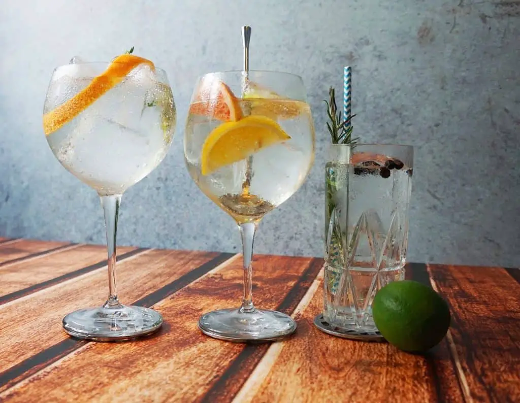 Three beautiful-looking cocktail glasses, each with a different type of gin. The glasses also have different botanicals added to the gin.
