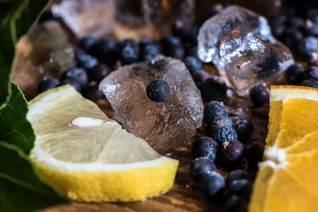A close up view of juniper berries and slices of lemon.