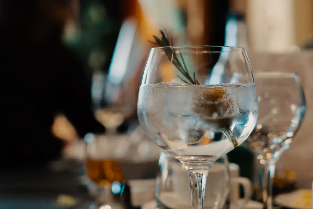 An up close view of a large gin glass containing gin, ice cubes and a sprig of rosemary.