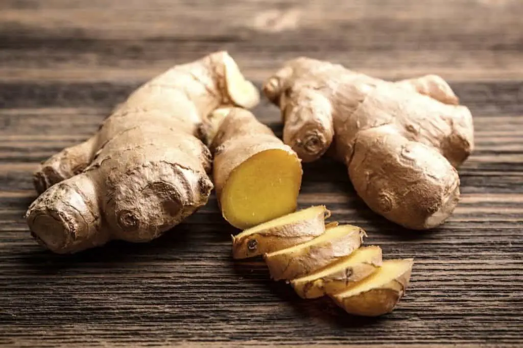 Close-up view of several roots of ginger. Two are whole and one has been sliced.