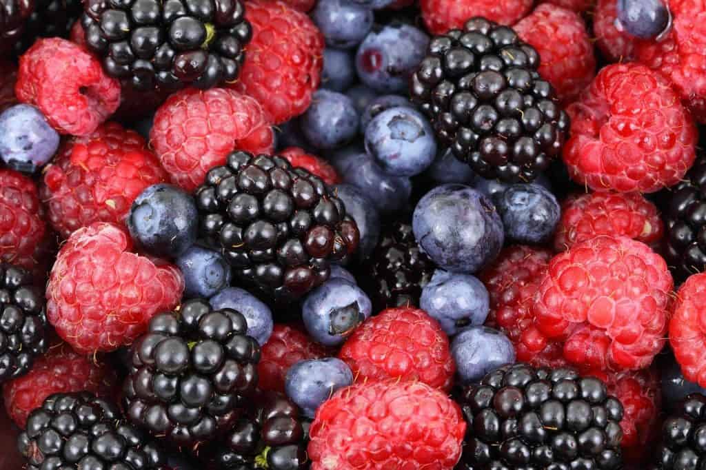 Up close view of summer berries that look shiny, ripe and delicious.