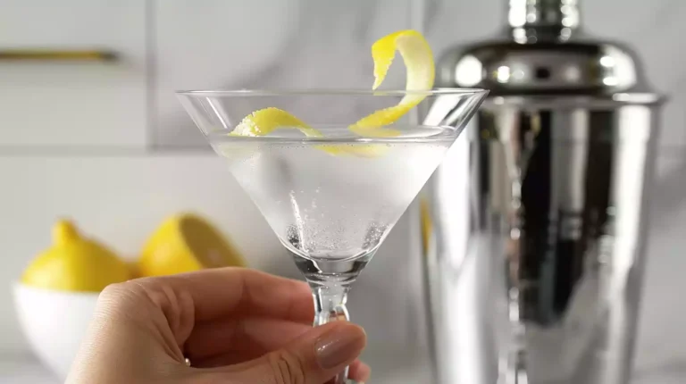 A hand holding a classic martini glass filled with clear gin, garnished with a twist of lemon peel. The background includes a sleek silver cocktail shaker.