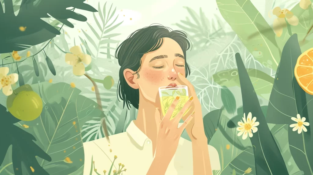 A depiction of a person drinking gin to settle their upset stomach, surrounded by soothing botanicals and herbs, with a peaceful and serene atmosphere. The person should have a look of relief and contentment on their face.