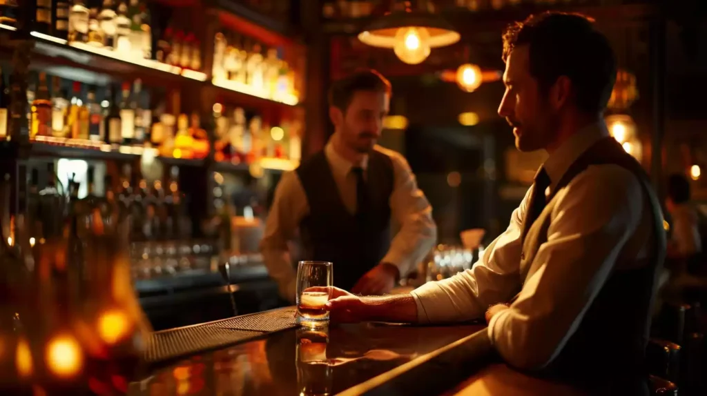 A dimly lit, sophisticated bar scene with a single, stylishly dressed man in his 30s, confidently ordering a classic cocktail from a knowledgeable bartender, surrounded by elegant glassware and subtle lighting.