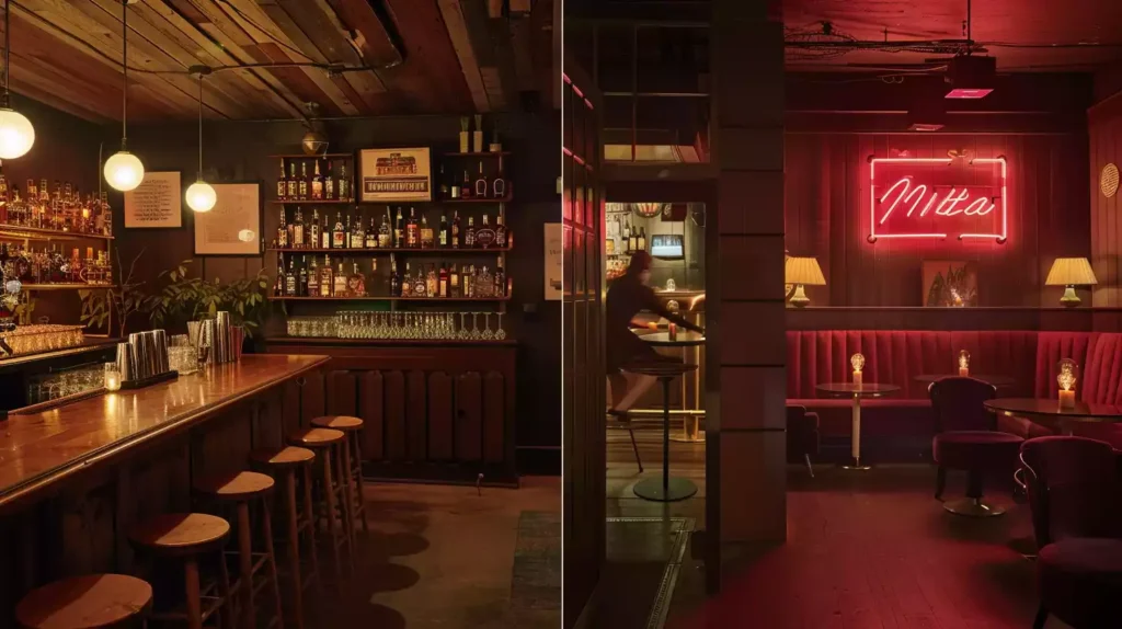 A split-screen image: a dimly lit, rustic dive bar with a neon sign, wooden stools, and a whiskey-filled shelf, versus a sleek, upscale lounge with velvet armchairs and a bartender polishing a champagne flute.