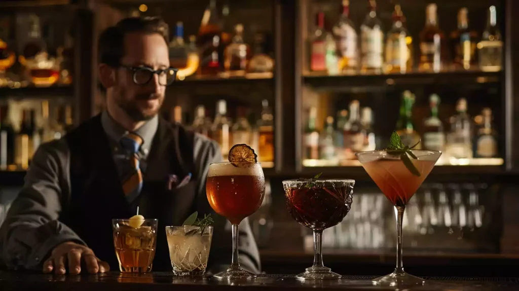 A dimly lit, rustic bar scene with a single, stylishly dressed man sitting alone, surrounded by five distinct, ornate glasses, each containing a different, expertly crafted cocktail.