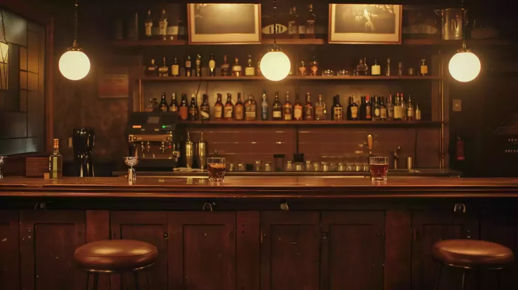 A dimly lit, sophisticated bar scene at dusk, with a sleek wooden counter, polished glasses, and a few strategically placed bottles of whiskey, bourbon, and scotch, with two empty stools facing each other.